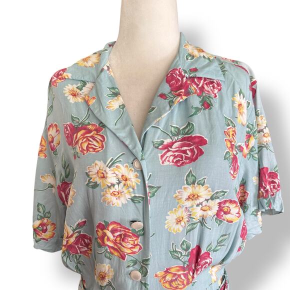 Vintage 90s Banana Republic Blue Floral Button Front Short Sleeve Shirt Dress 6 - Picture 2 of 8
